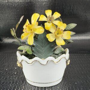 Vintage 1997 MANN Korea Porcelain Bud Vase With Attached Metal Flowers Decor VTG